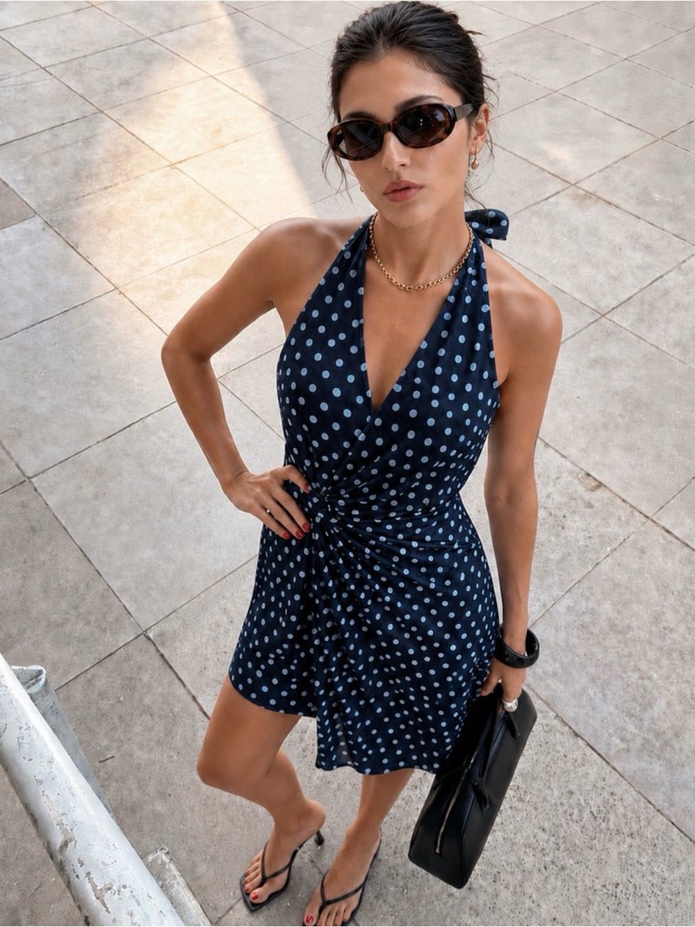 Commense Navy Halter Mini Dress with Light Blue Polka Dots